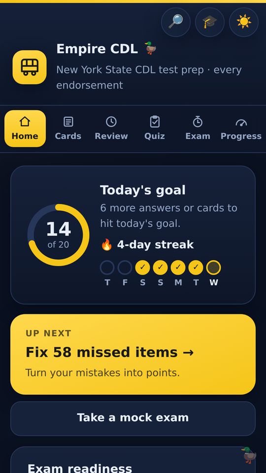 Home screen with today's goal ring, streak and exam readiness