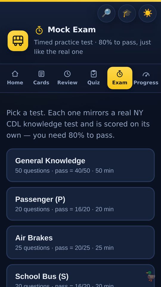 Mock exam picker with one exam per knowledge test